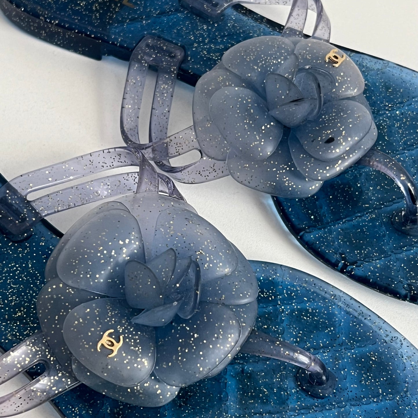 Chanel Blue Glitter Rubber Camelia Sandals