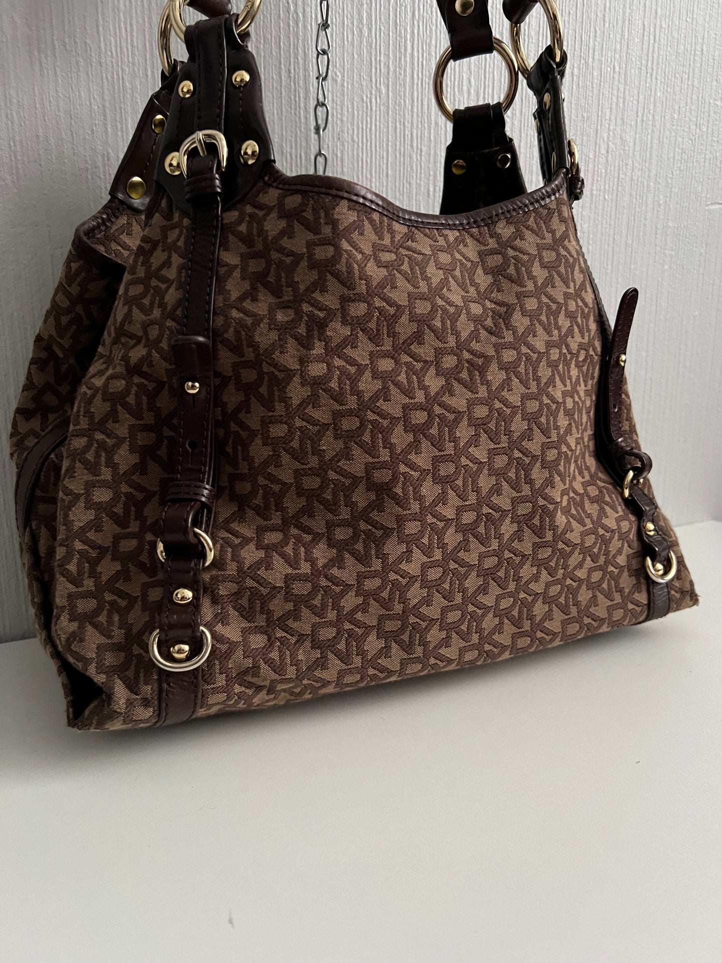 DKNY Vintage Monogram Canvas Handbag with Leather Trim