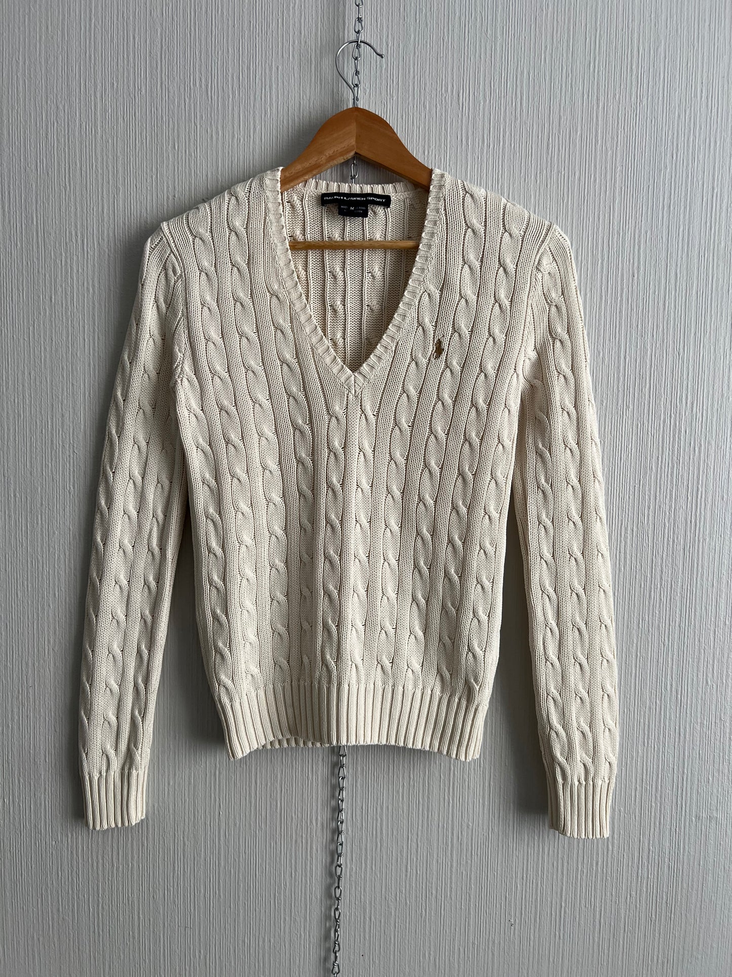 Ralph Lauren Sport Cable Knit V-neck Cream Cotton Sweater