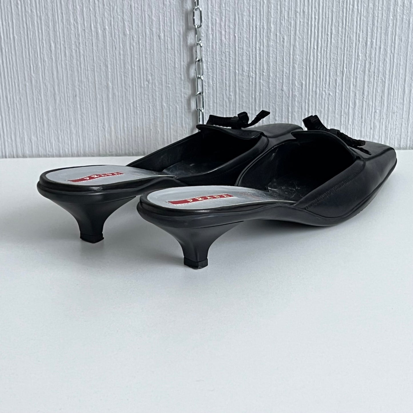 Prada Black Leather Kitten Heel Mules Shoes