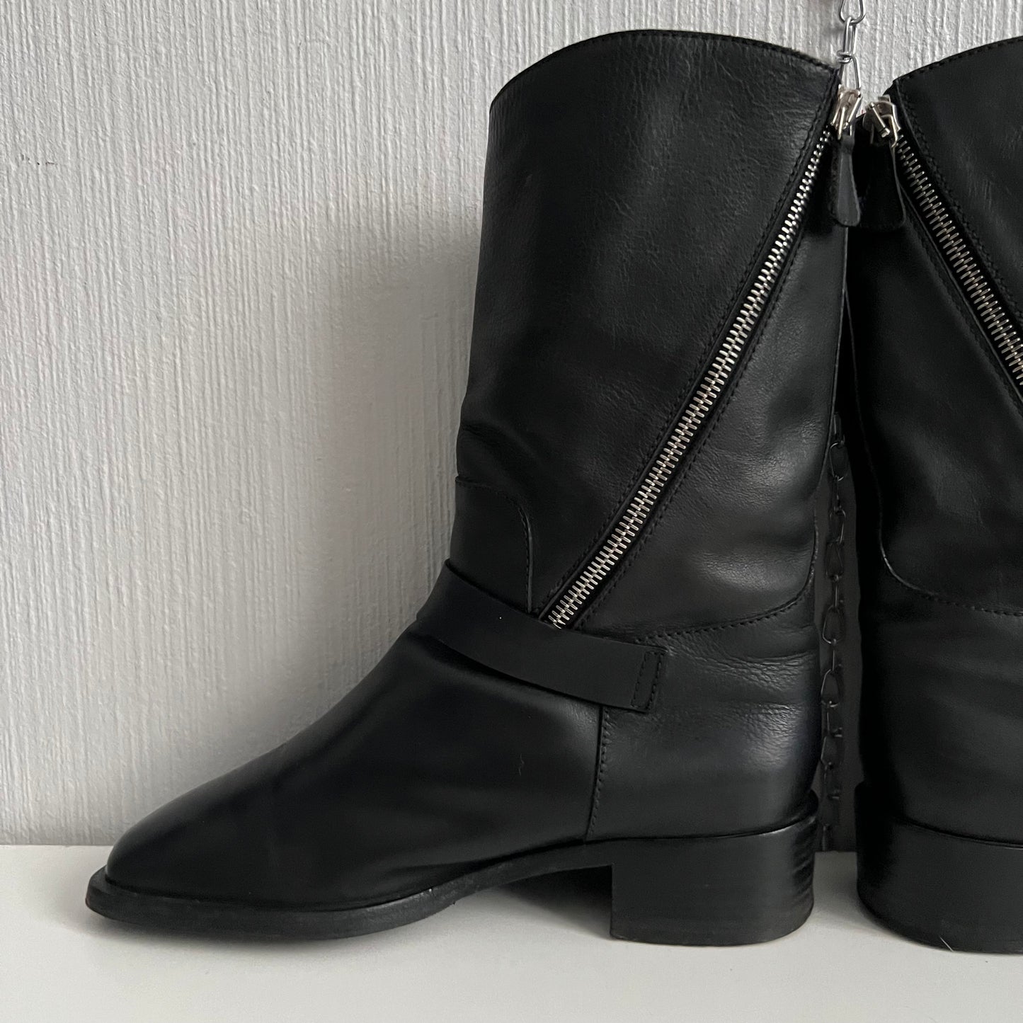 Chanel Biker Black Leather Boots with Silver Buckles