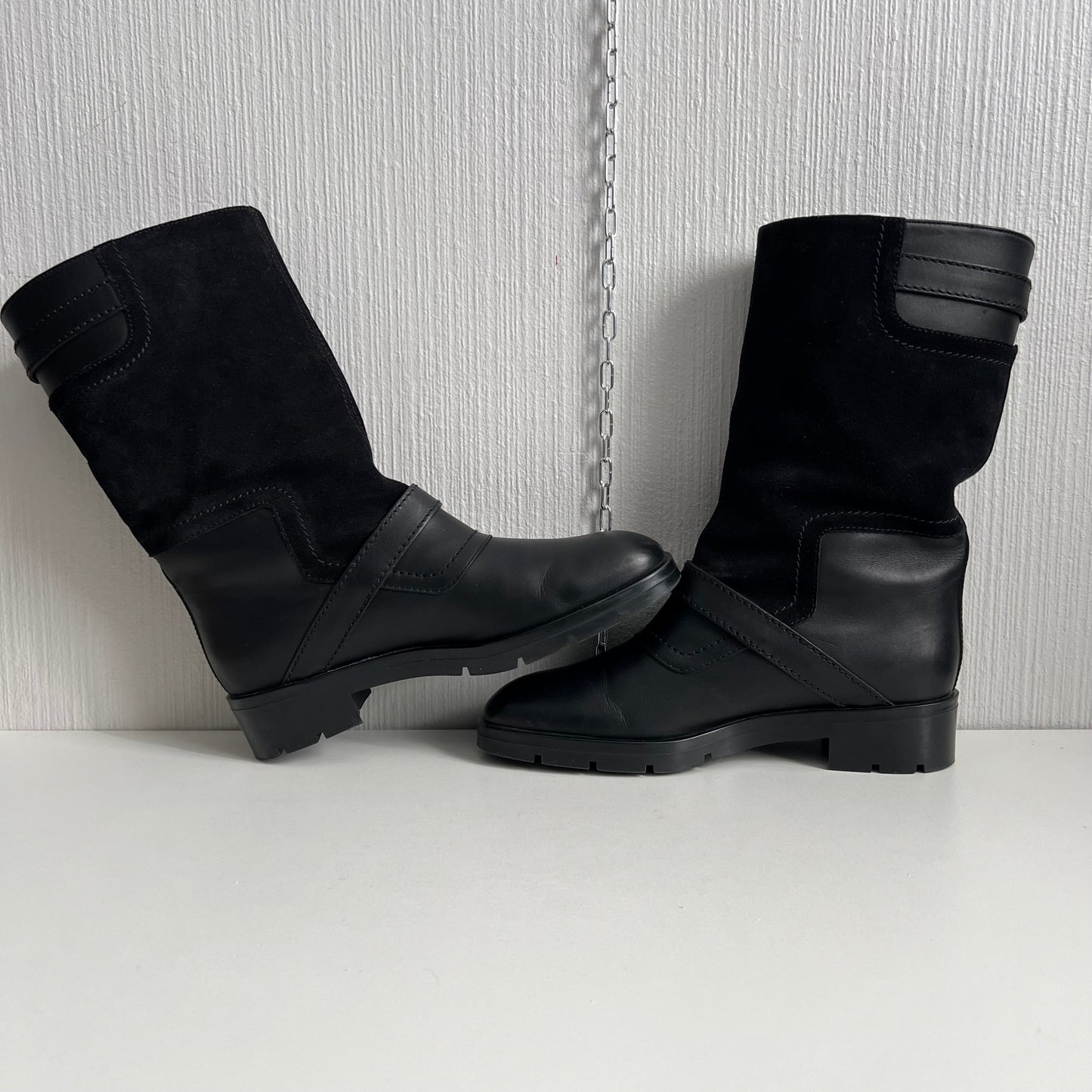 Tod's Black Leather and Suede Fibbie Mid Calf Biker Boots