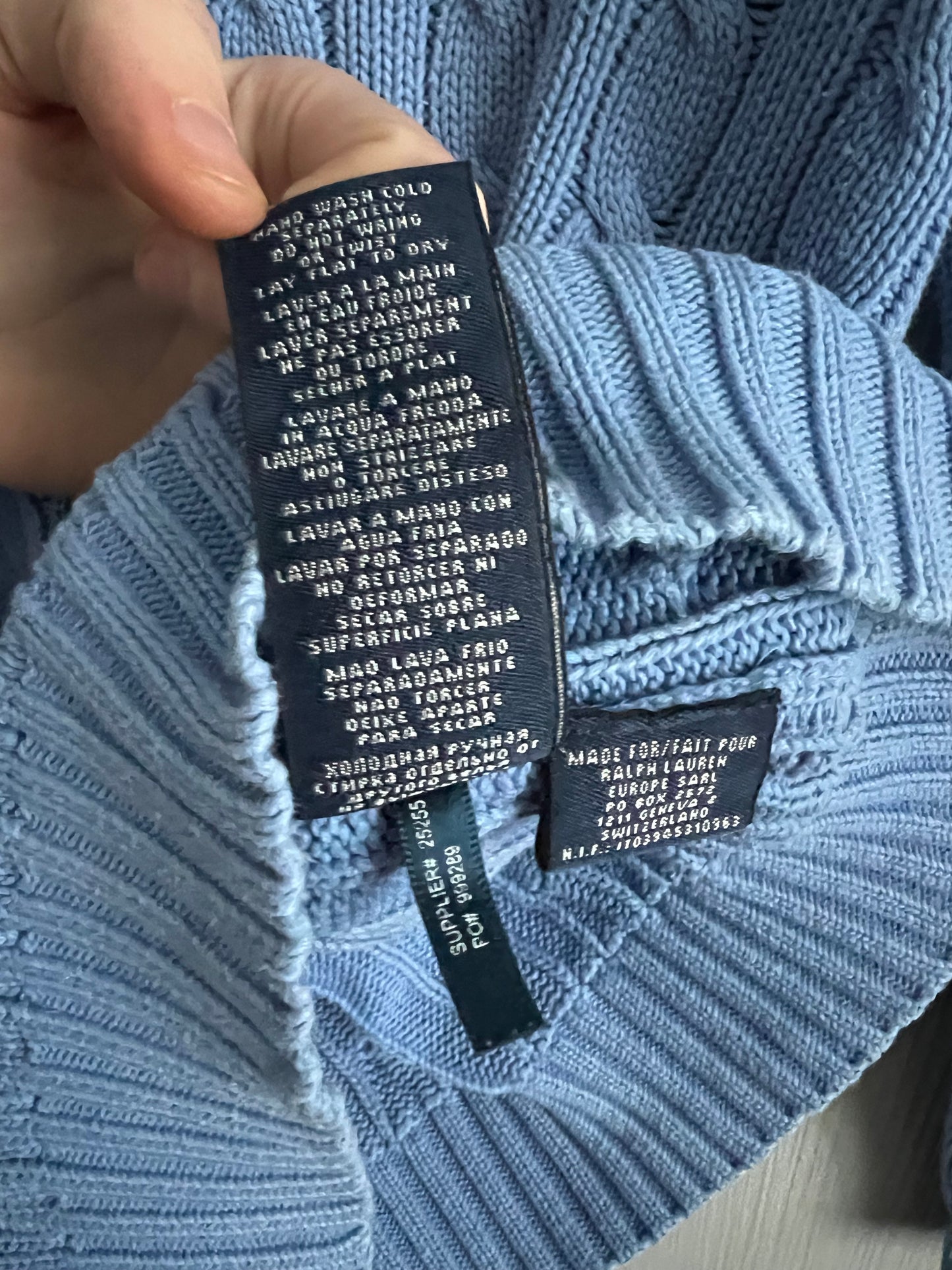 Ralph Lauren Sport Cable Knit V-neck Blue Cotton Sweater
