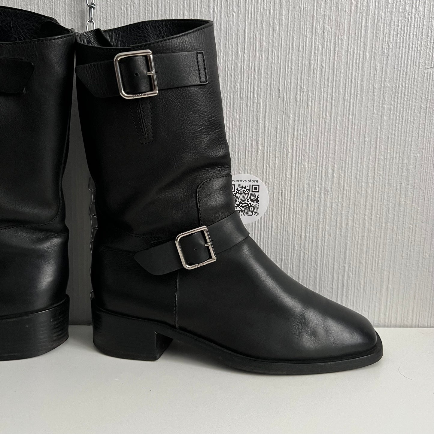 Chanel Biker Black Leather Boots with Silver Buckles
