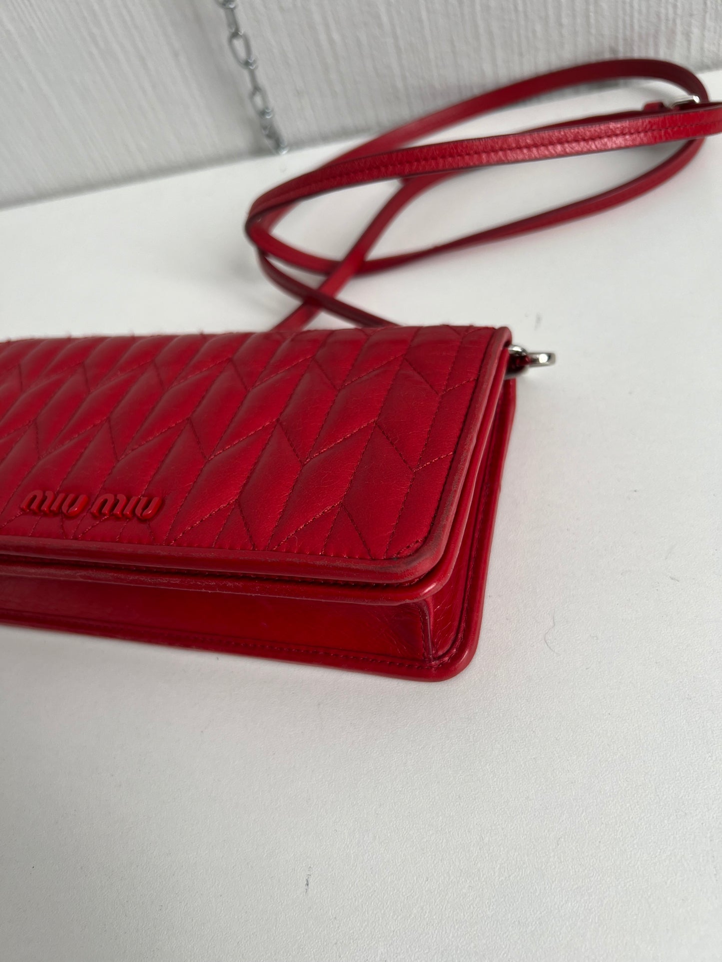Miu Miu Clutch Crossbody Matelasse Quilted Red Leather Clutch Bag with Removable Crossbody Strap