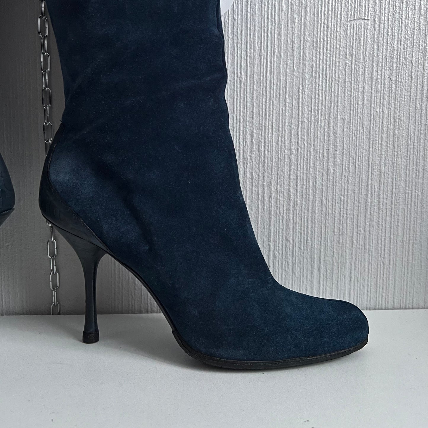 Gucci Blue Suede Chain-Link Accents Heels High Women’s Boots