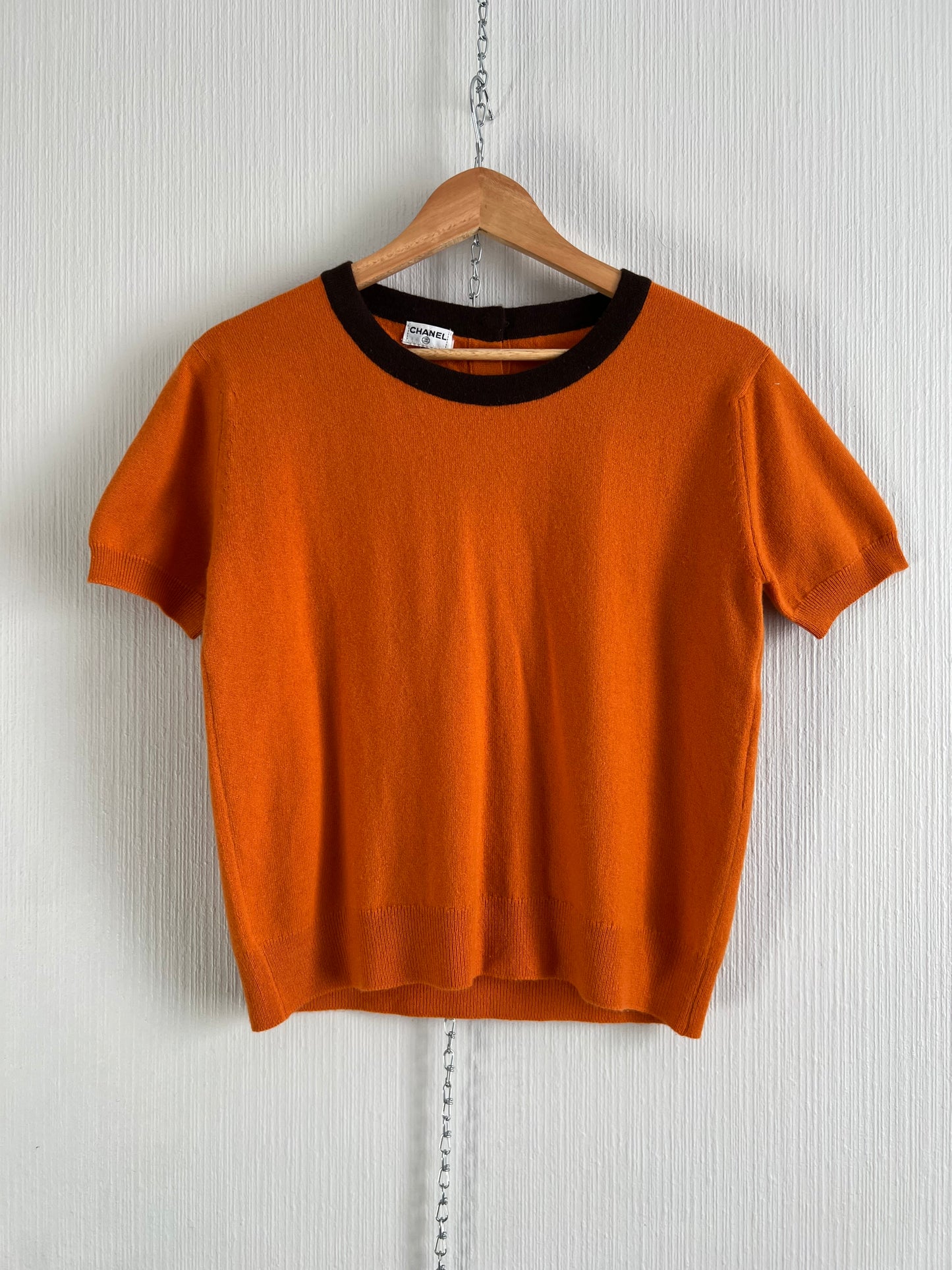 Chanel 1996 Orange Brown Cashmere Knit Set Short Sleeve T-Shirt and Cardigan