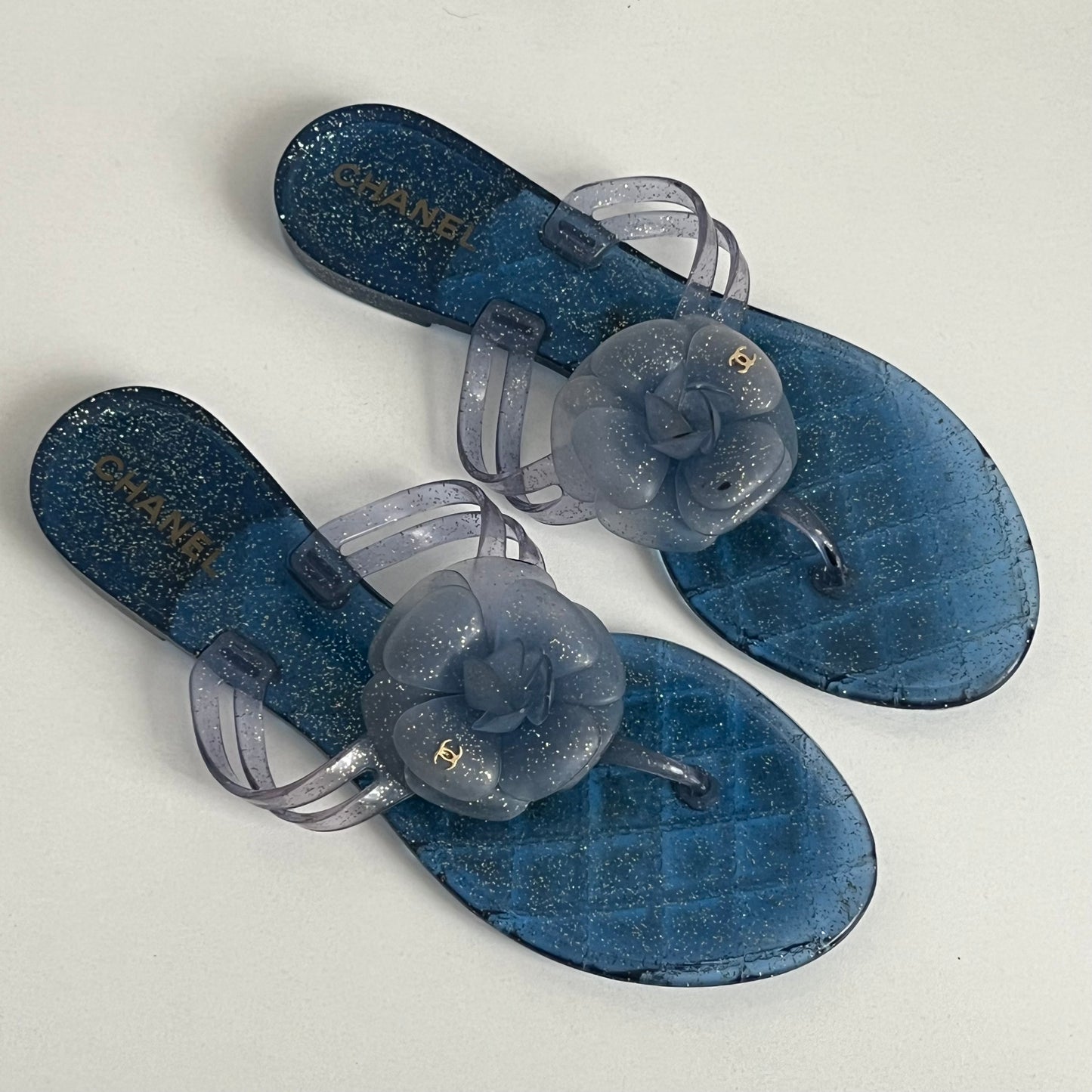 Chanel Blue Glitter Rubber Camelia Sandals