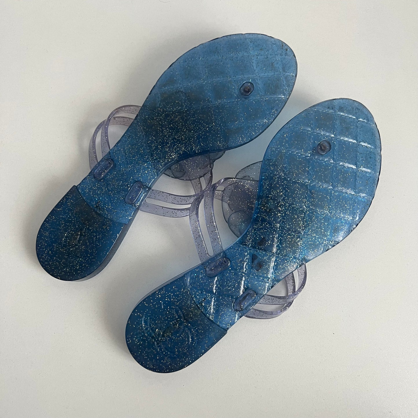 Chanel Blue Glitter Rubber Camelia Sandals