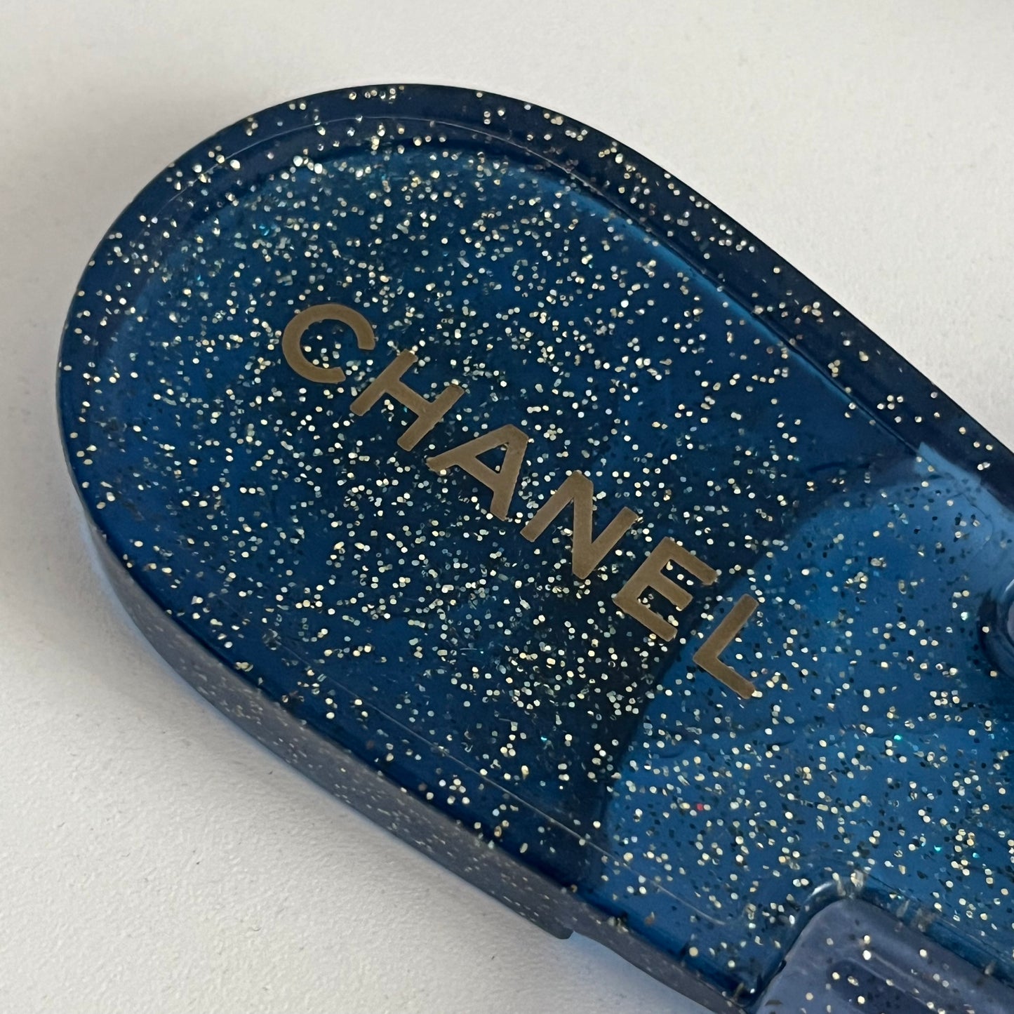 Chanel Blue Glitter Rubber Camelia Sandals