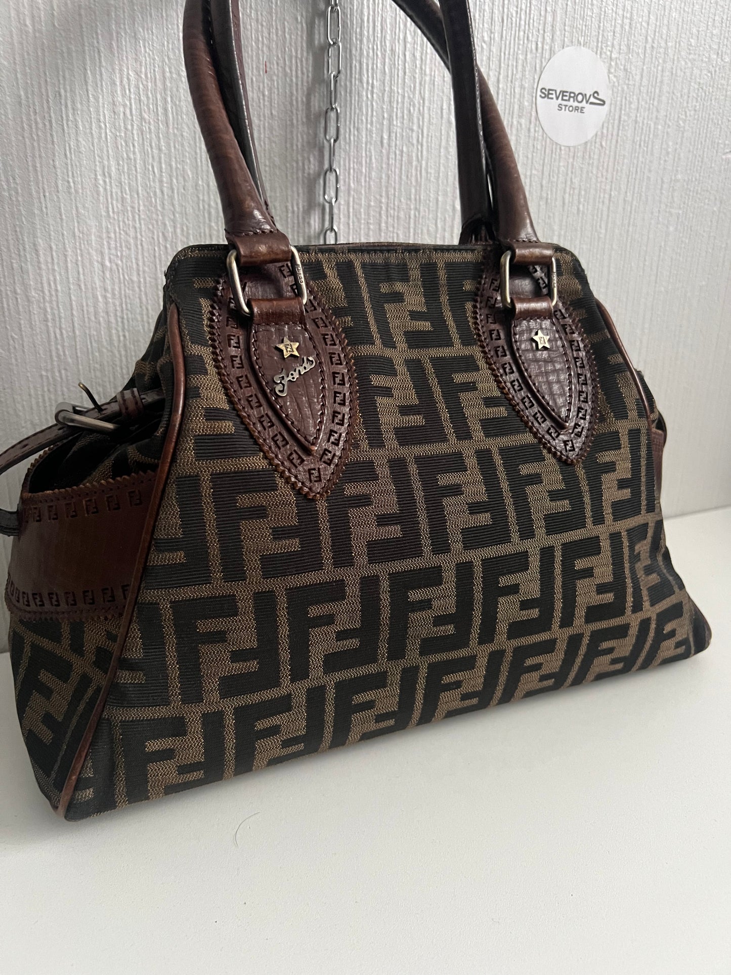 Vintage Fendi Etnico Zucca Canvas Leather Handbag
