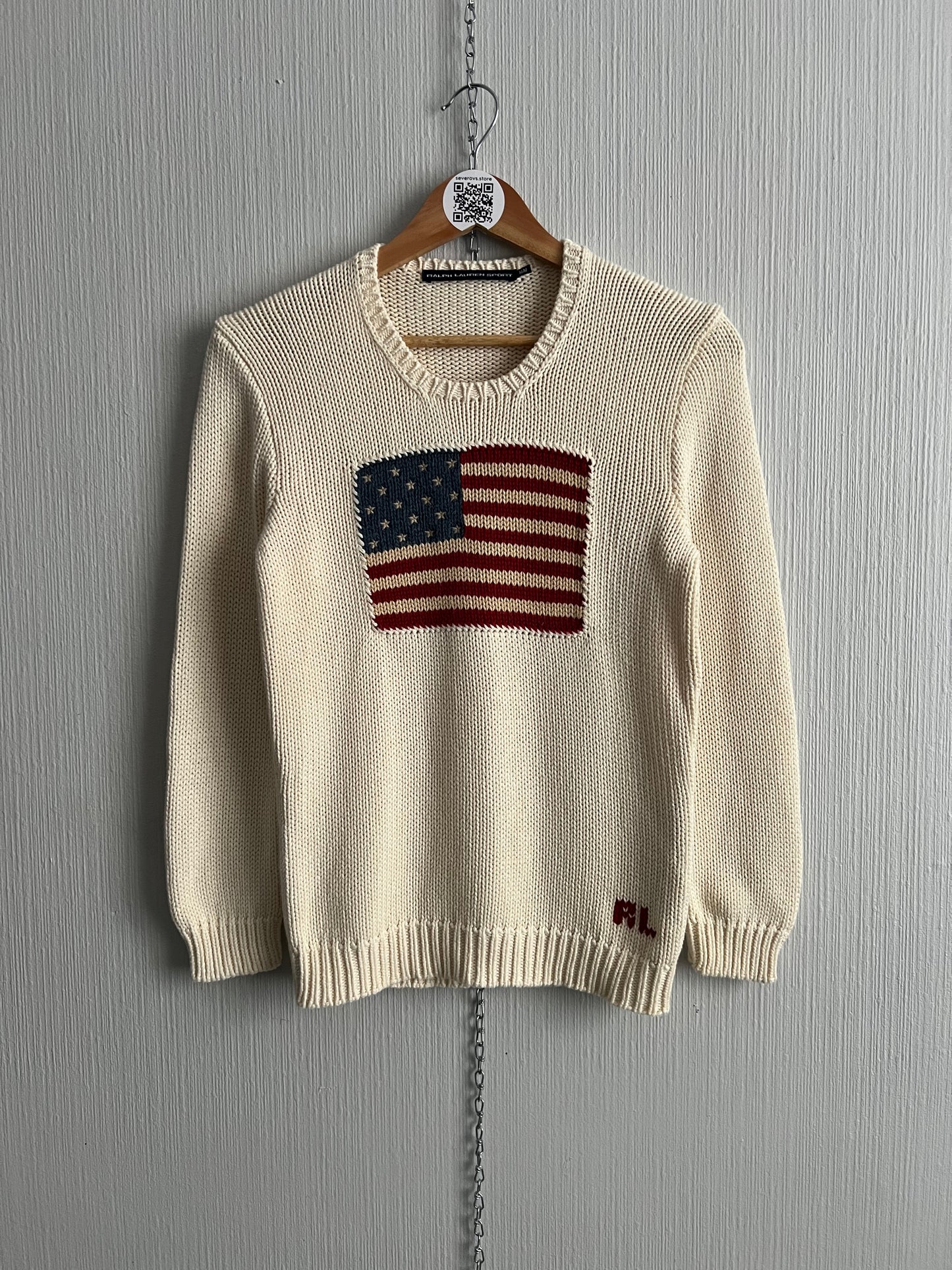 Polo Ralph Lauren American Flag Heavy Knit Cream Cotton Sweater