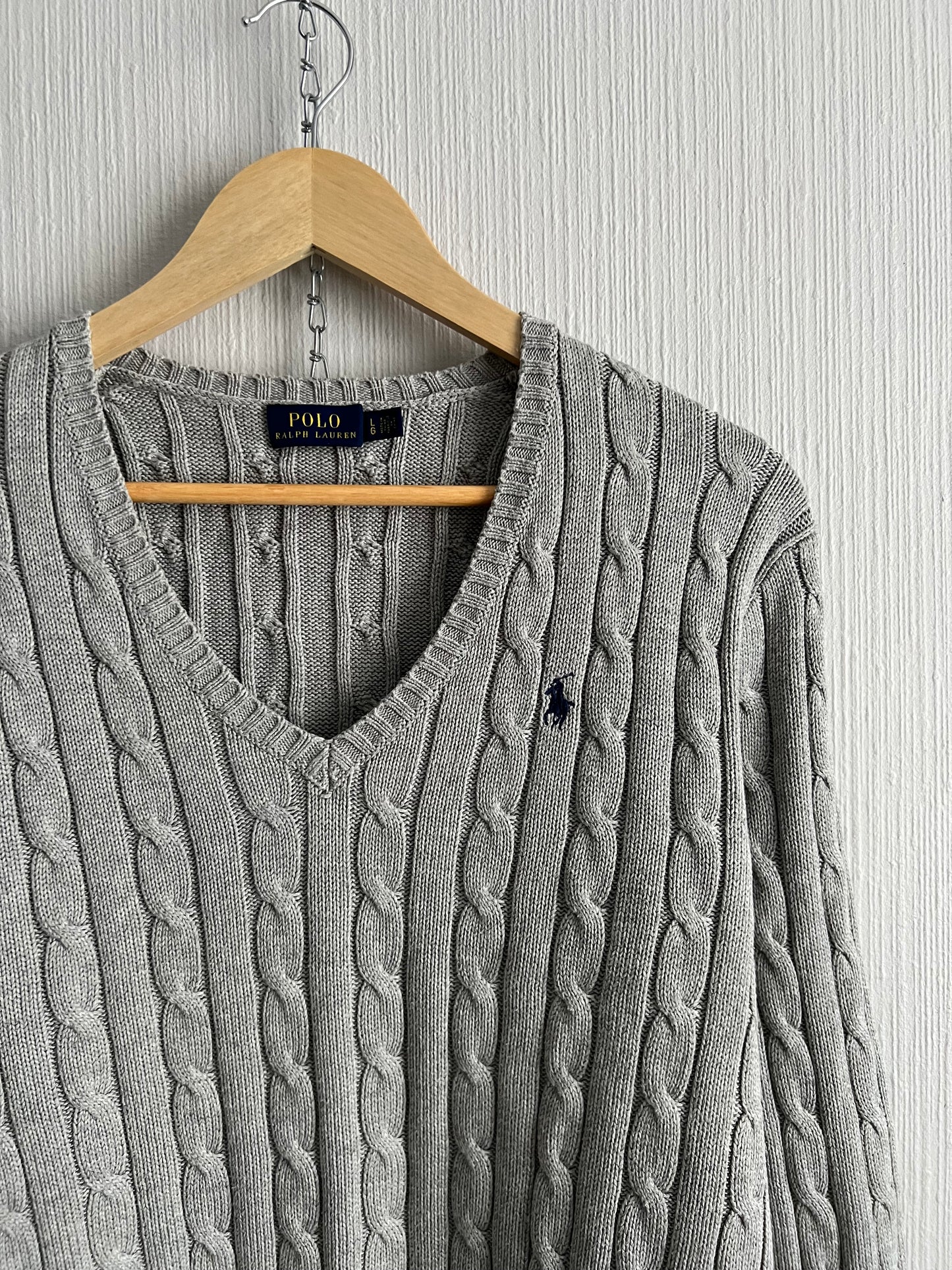 Polo Ralph Lauren Cable Knit V-neck Grey Cotton Sweater
