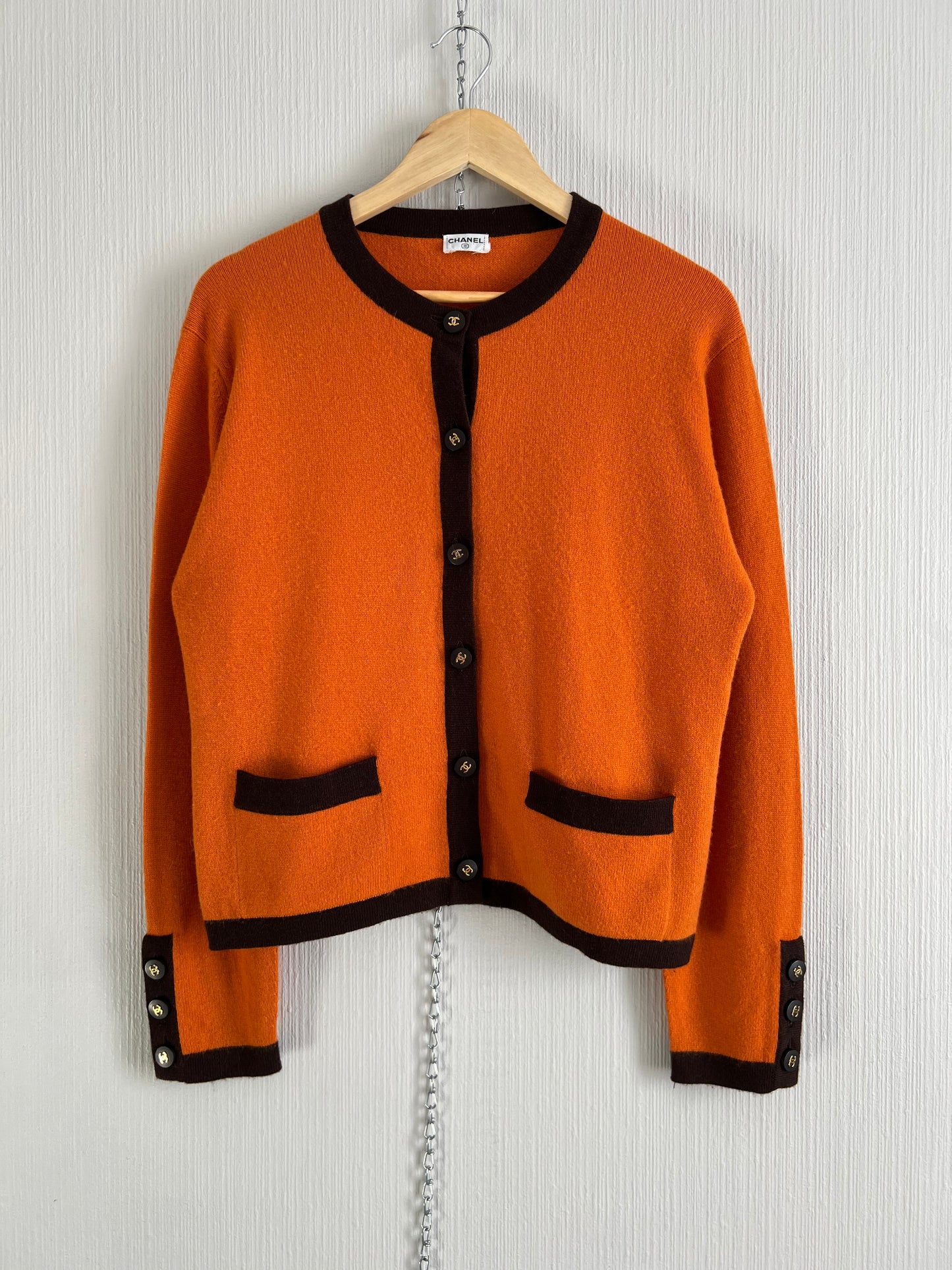 Chanel 1996 Orange Brown Cashmere Knit Set Short Sleeve T-Shirt and Cardigan