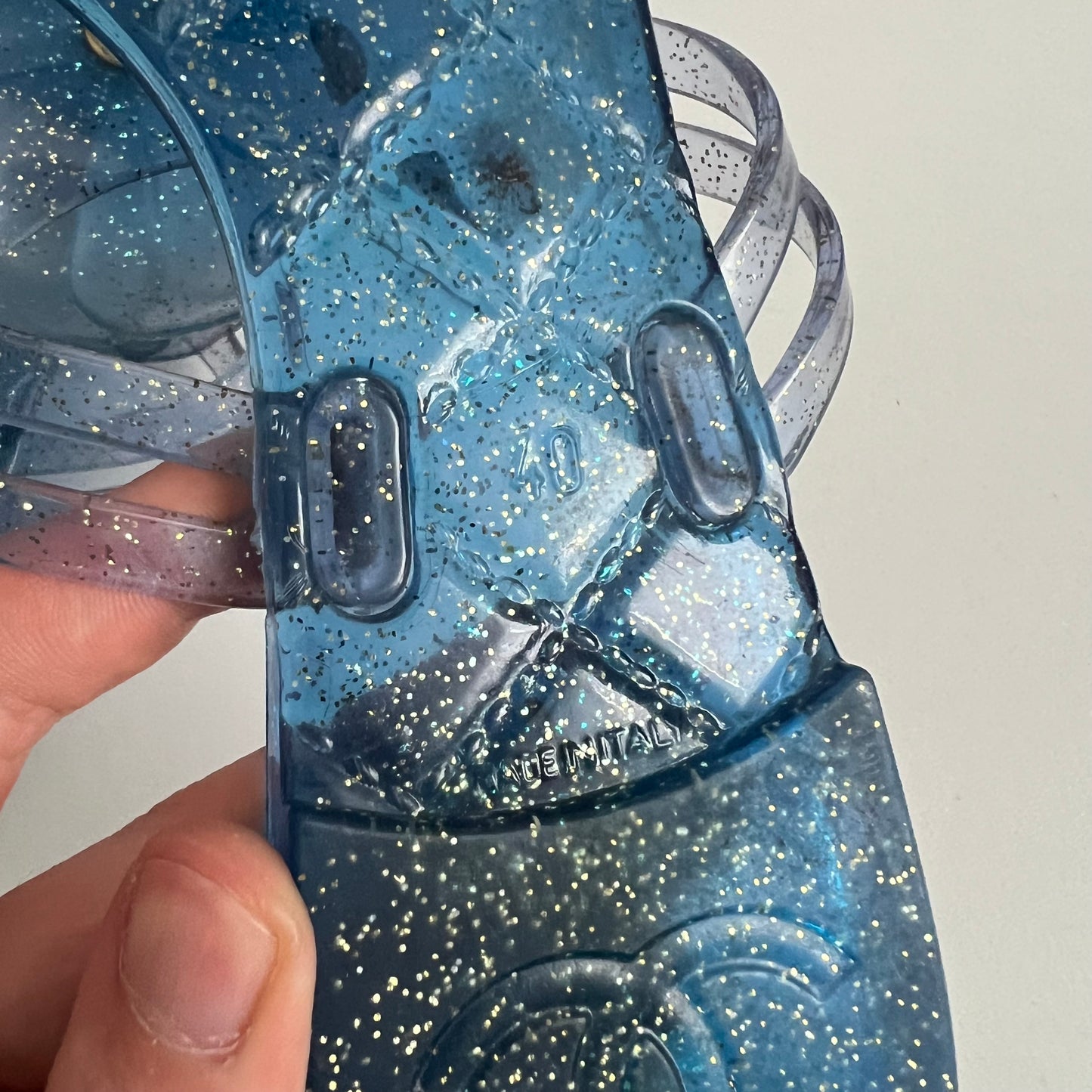 Chanel Blue Glitter Rubber Camelia Sandals