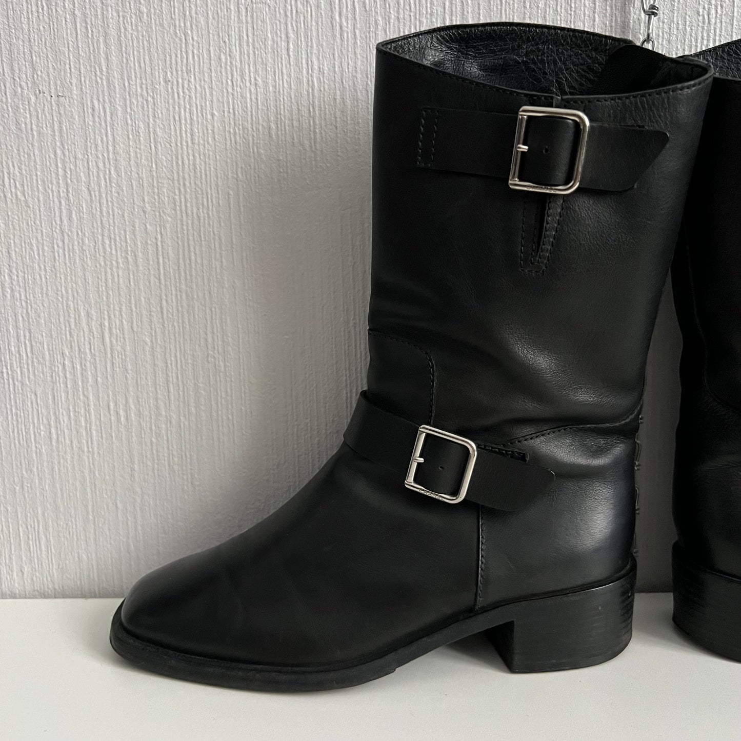 Chanel Biker Black Leather Boots with Silver Buckles
