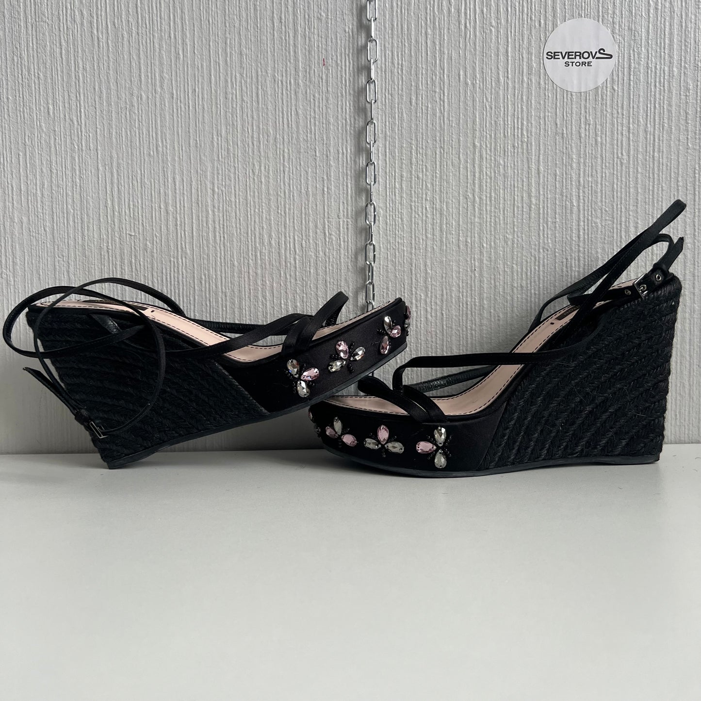 Louis Vuitton Black Satin Crystal Embellished Platform Espadrille Sandals