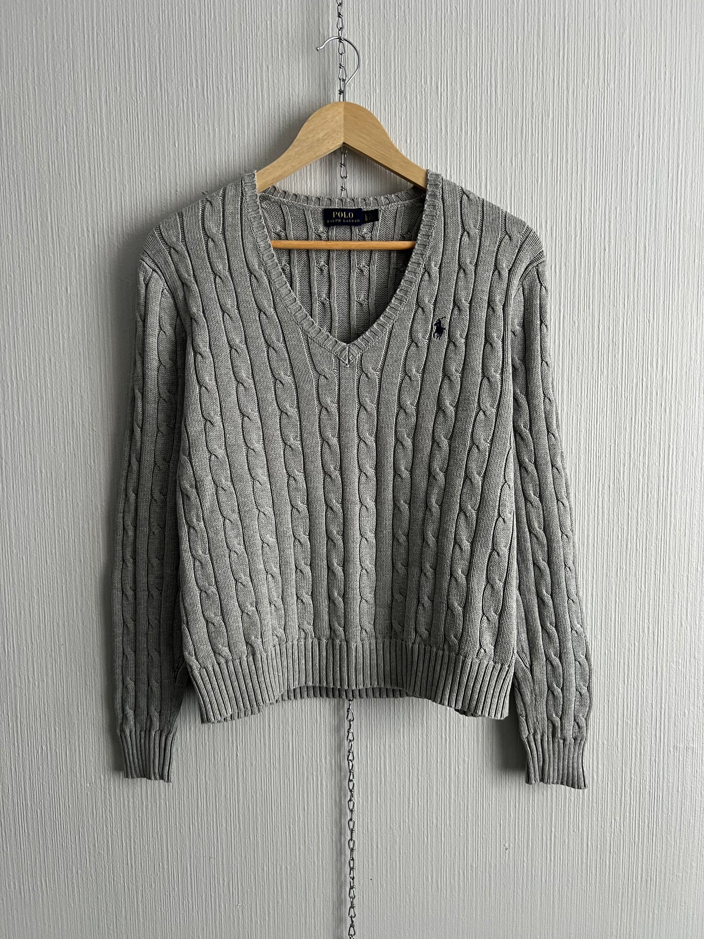 Polo Ralph Lauren Cable Knit V-neck Grey Cotton Sweater