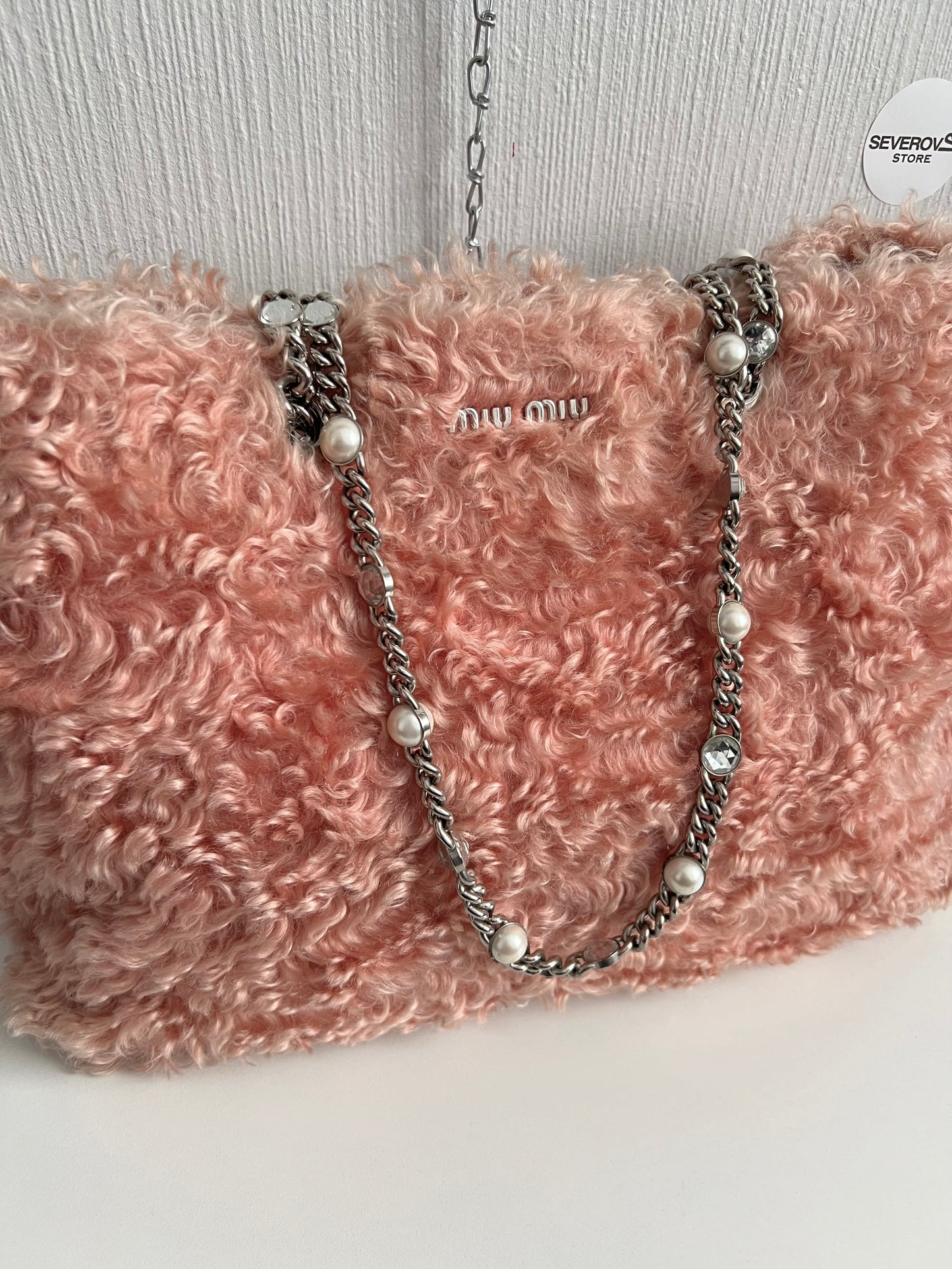 Miu Miu Coral Pink Fur Crystal Tote Bag