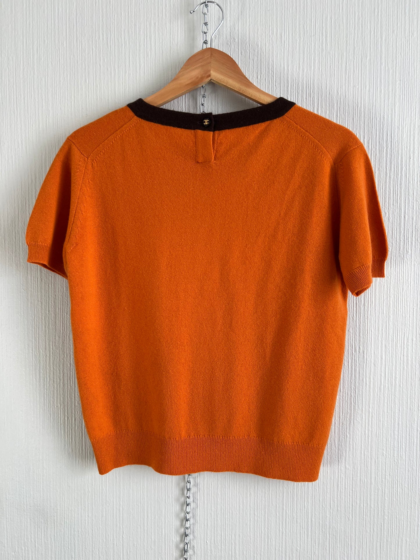 Chanel 1996 Orange Brown Cashmere Knit Set Short Sleeve T-Shirt and Cardigan