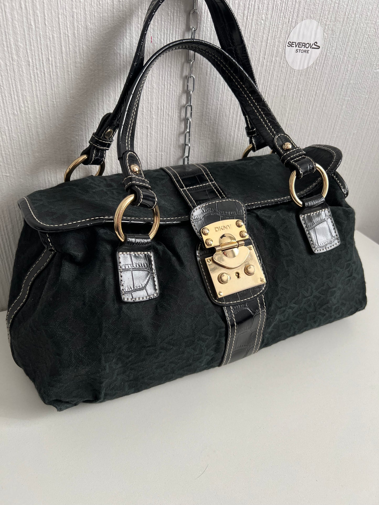 DKNY Vintage Black Monogram Bag with gold buckle