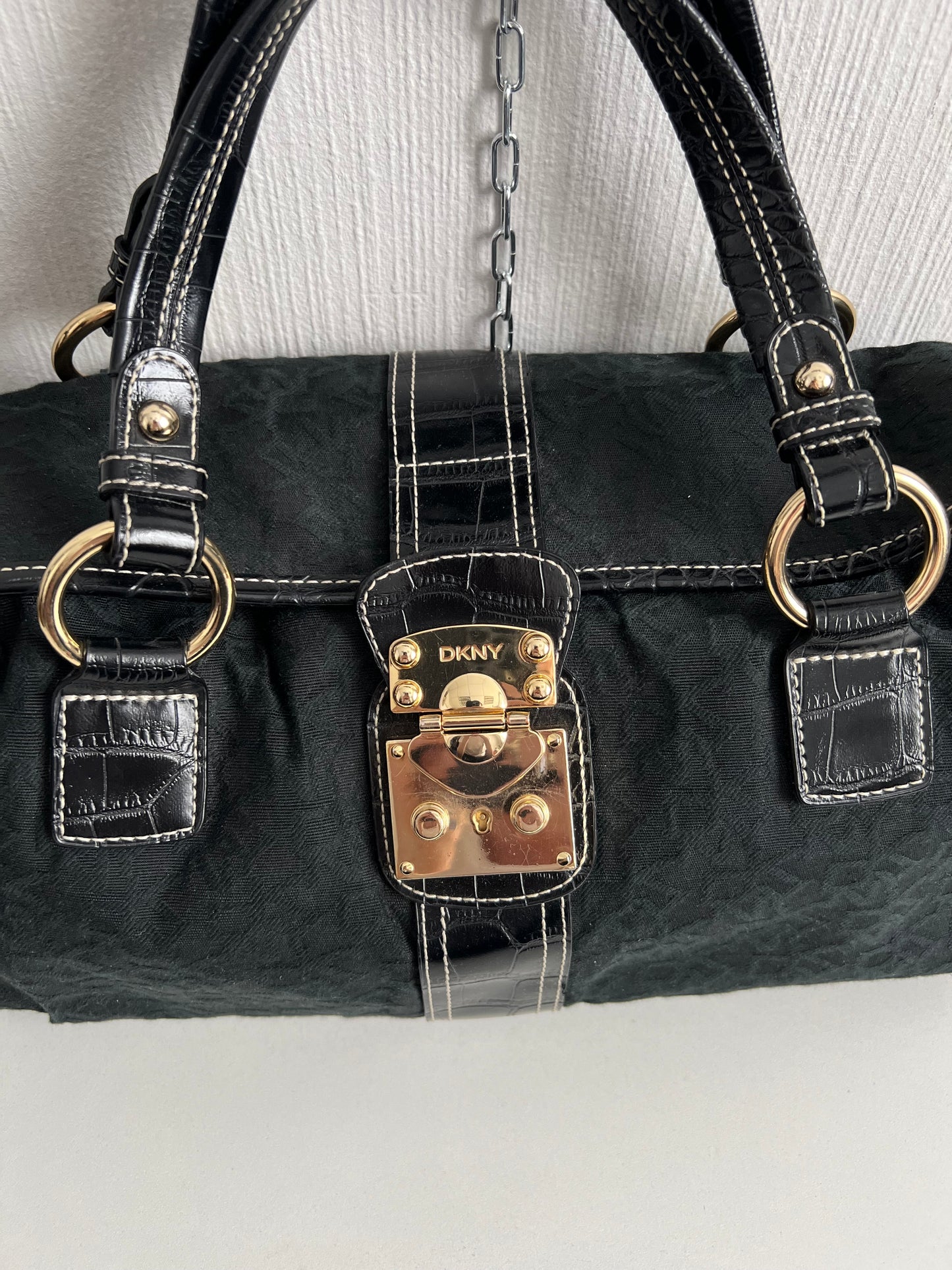 DKNY Vintage Black Monogram Bag with gold buckle