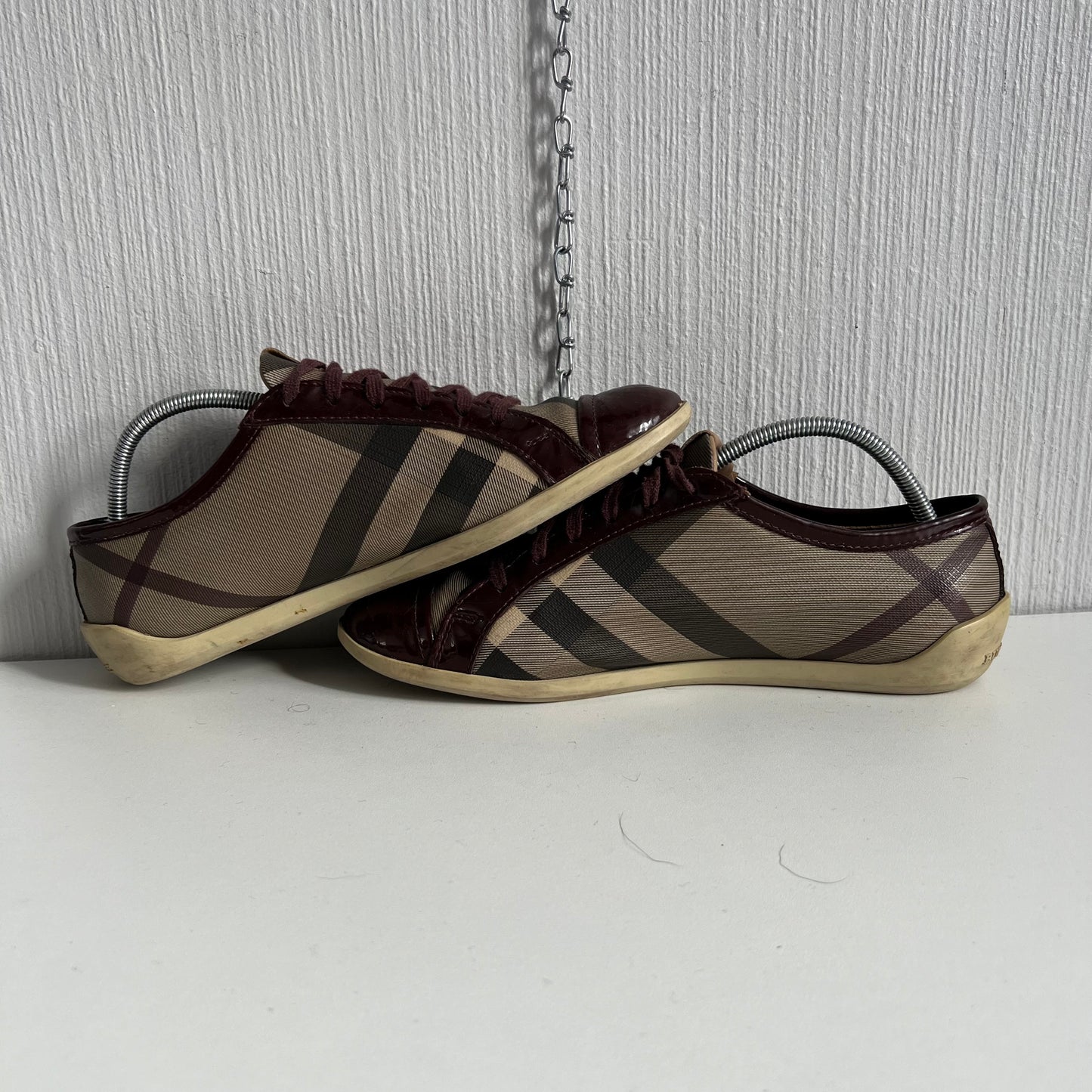 Burberry Beige Burgundy Nova Check Canvas and Patent Leather Lace Up Sneakers Womens Shoes