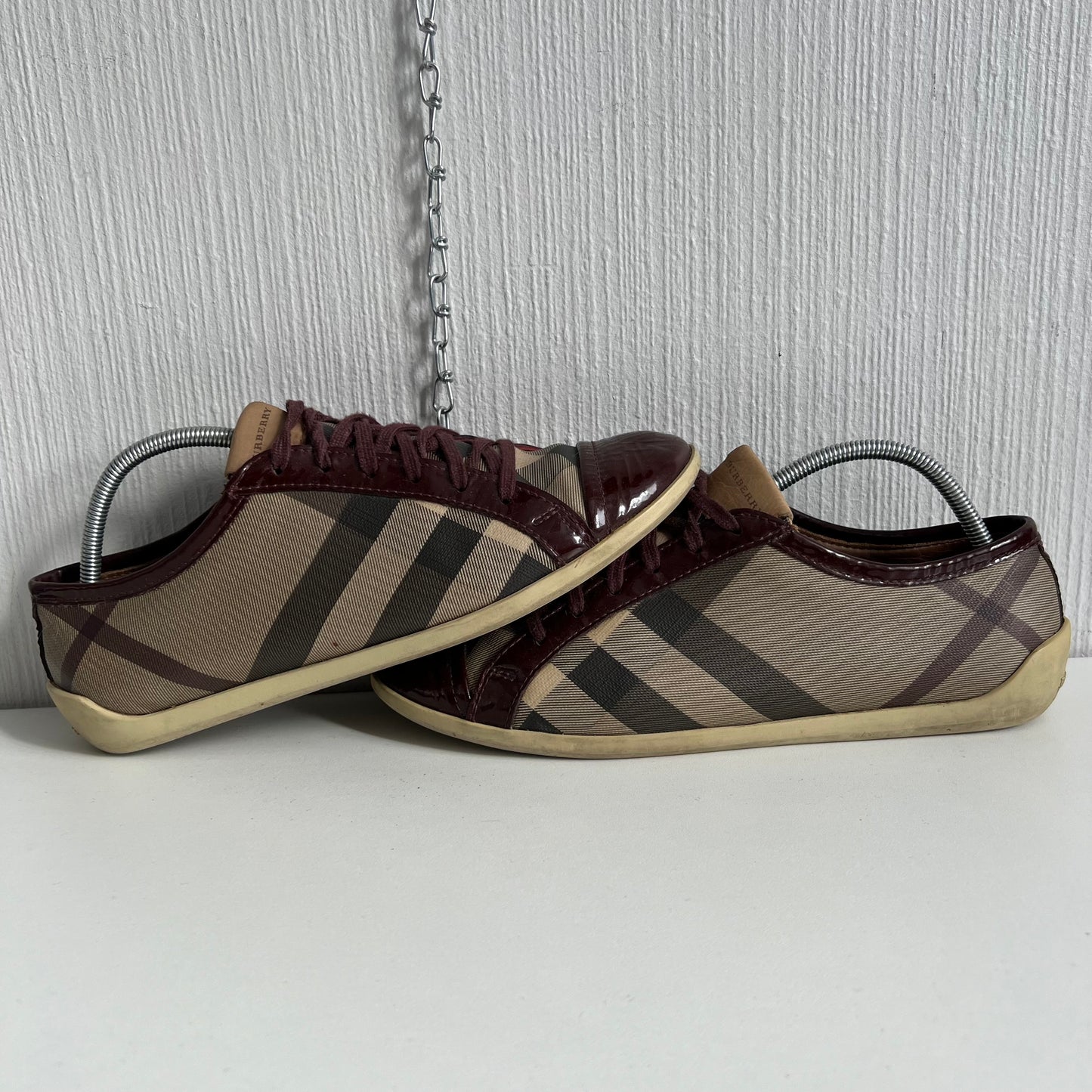 Burberry Beige Burgundy Nova Check Canvas and Patent Leather Lace Up Sneakers Womens Shoes
