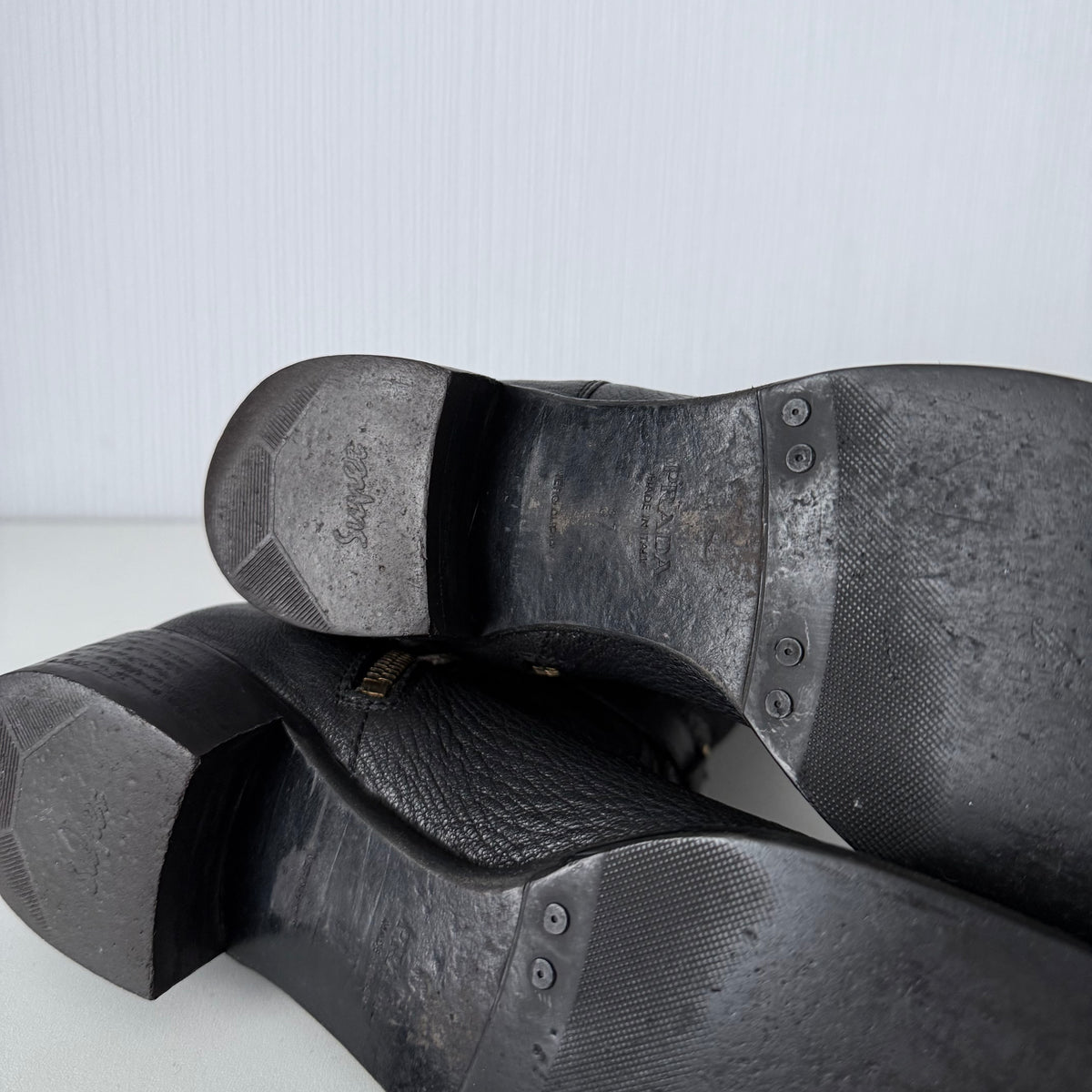Prada Black Leather Knee High Logo Boots