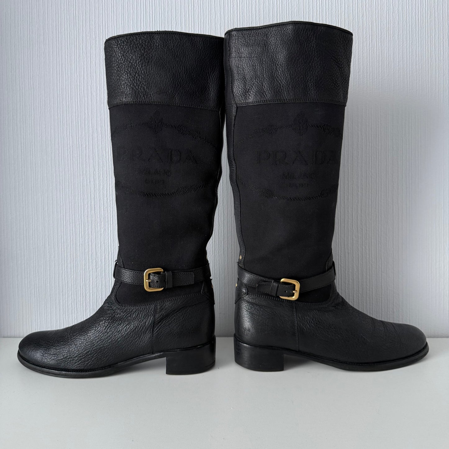 Prada Black Leather Knee High Logo Boots