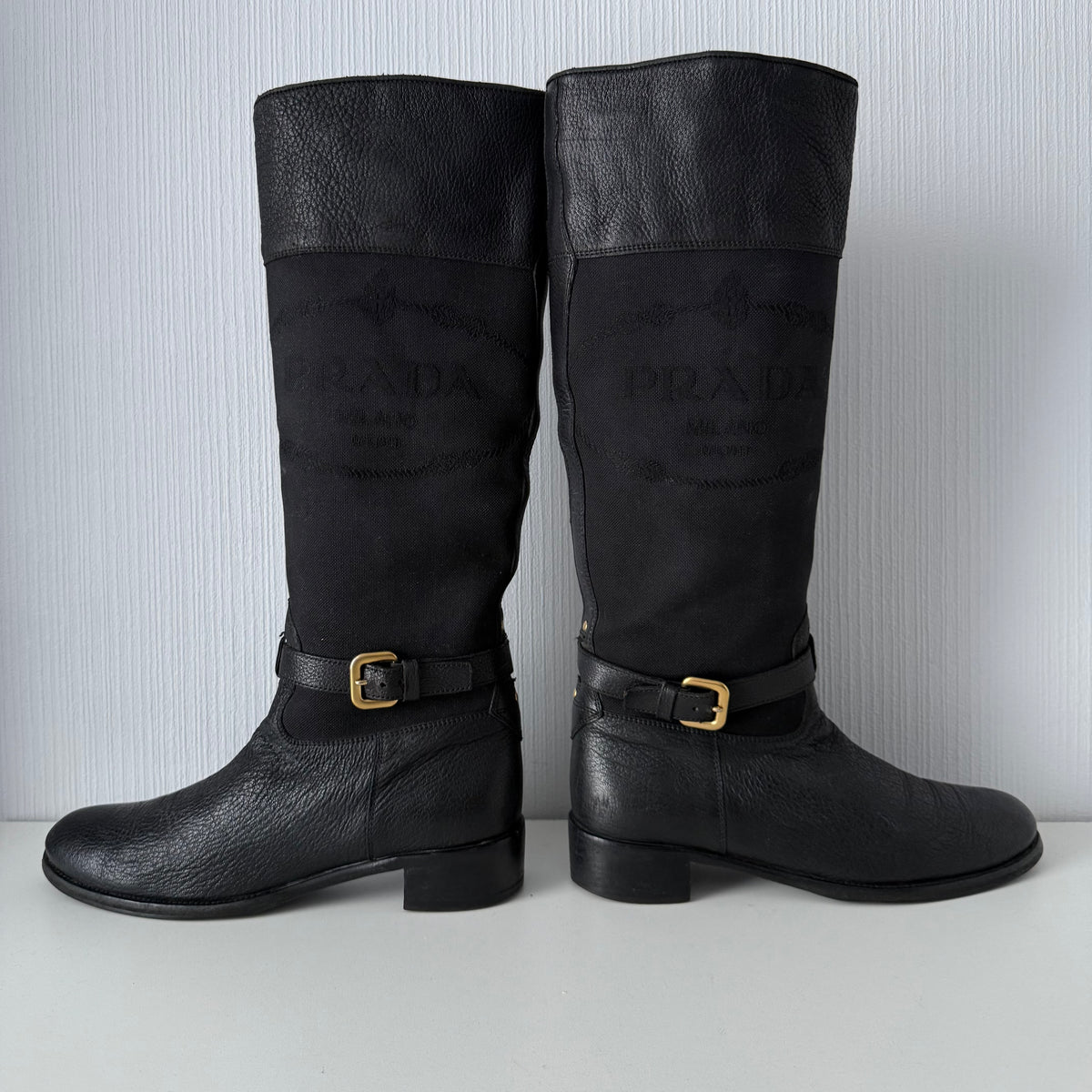 Prada Black Leather Knee High Logo Boots