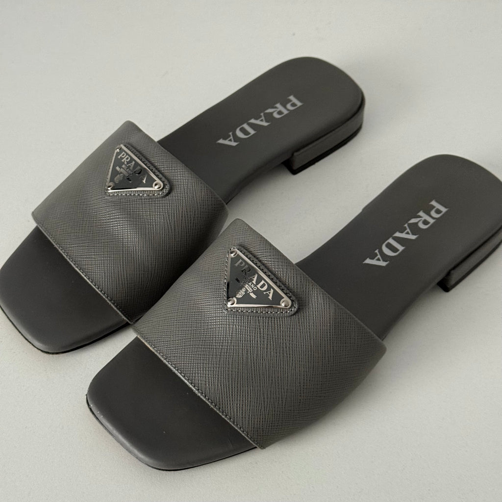 Prada Saffiano Leather Triangle Logo Sandals