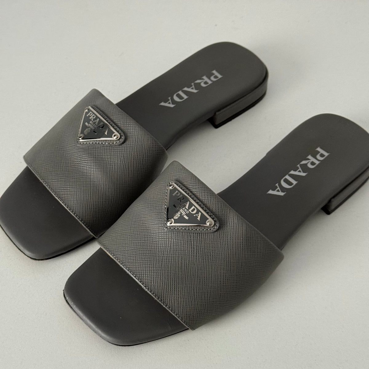 Prada Saffiano Leather Triangle Logo Sandals