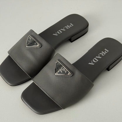 Prada Saffiano Leather Triangle Logo Sandals