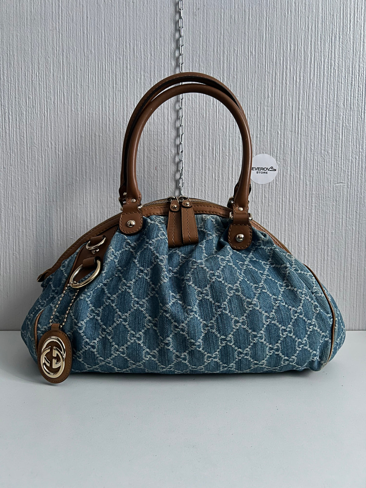 Gucci Blue Denim GG Denim Sukey Medium Handbag Satchel Bag