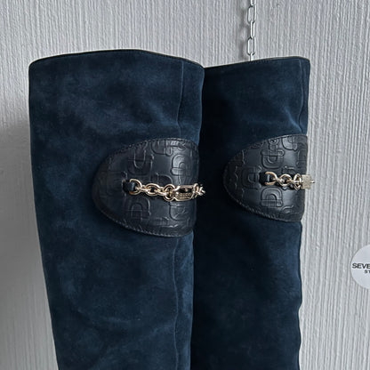 Gucci Blue Suede Chain-Link Accents Heels High Women’s Boots