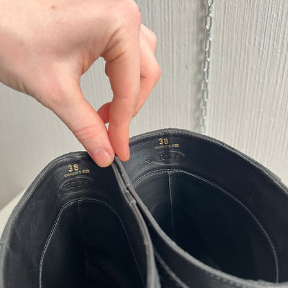 Tod's Black Leather and Suede Fibbie Mid Calf Biker Boots