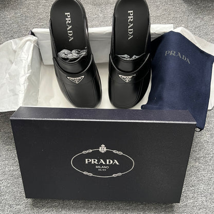Prada Soft Padded Black Nappa Leather Sabots Mens Slippers