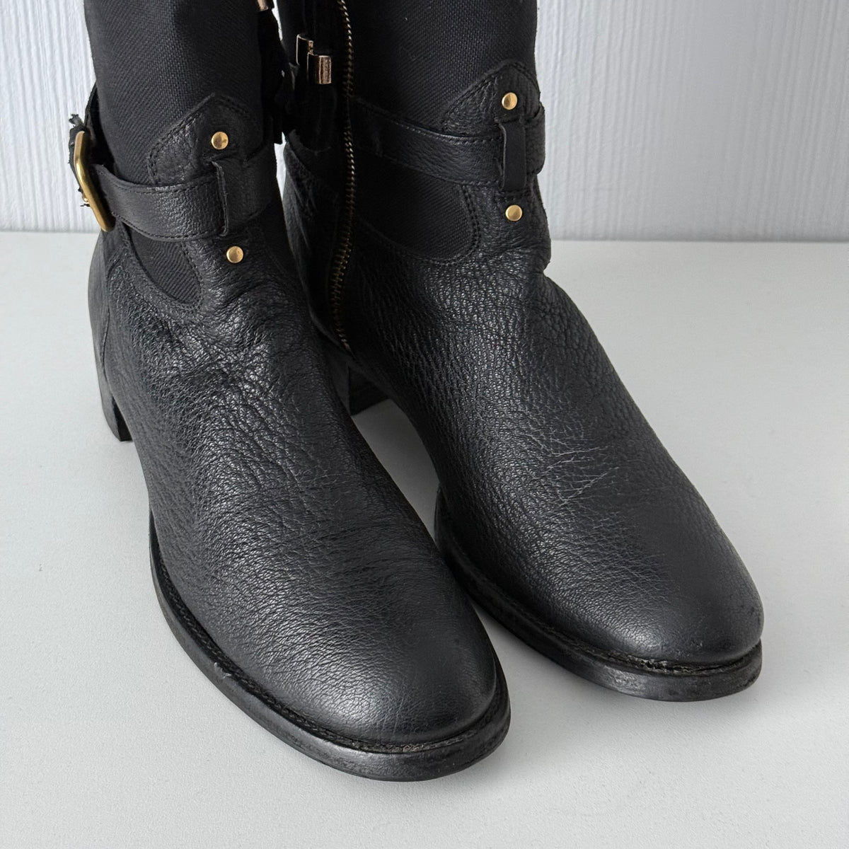 Prada Black Leather Knee High Logo Boots