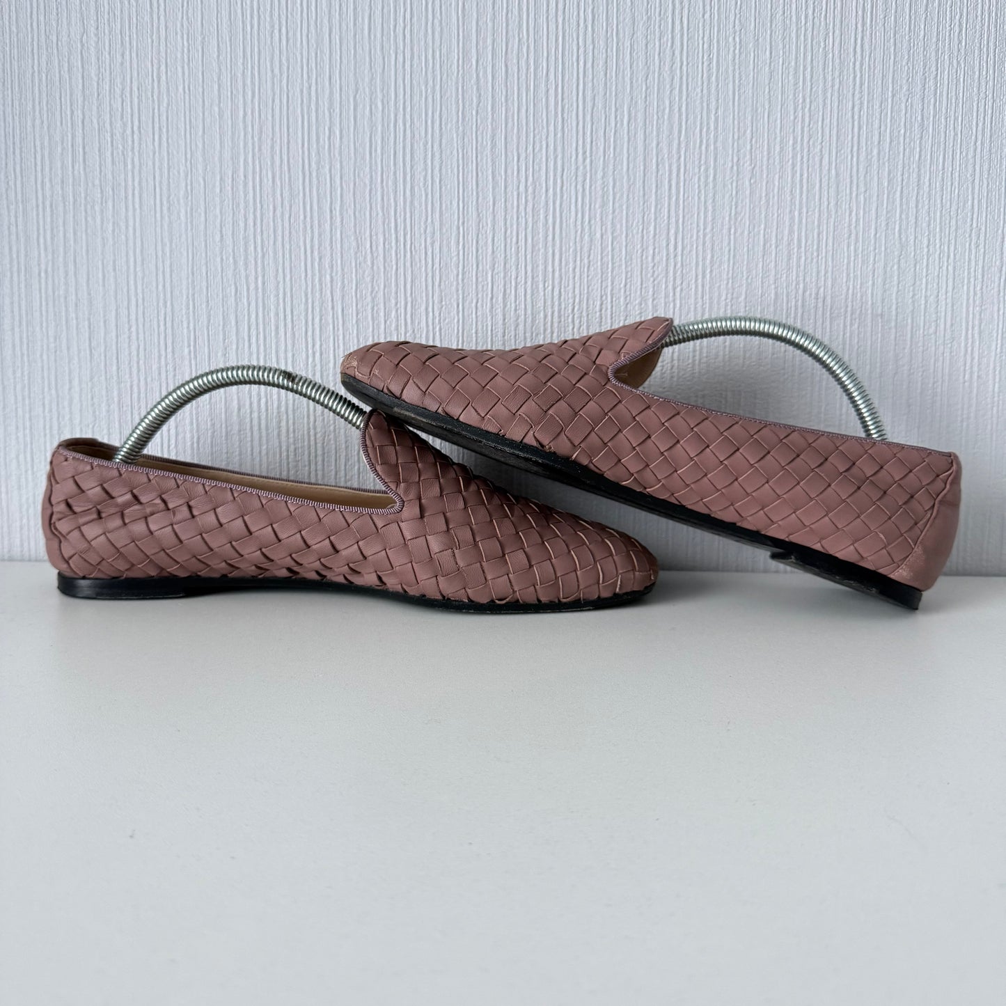 Bottega Veneta Pink Intrecciato Leather Loafers