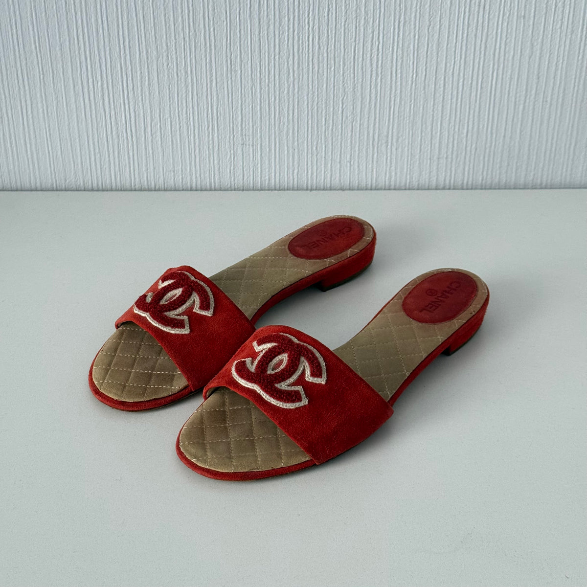 Chanel Leather CC Red Leather Mules Flat Slides