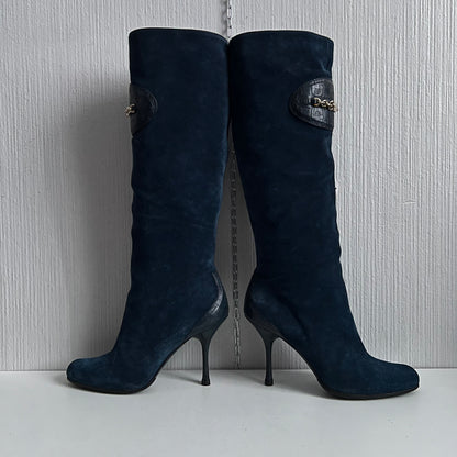 Gucci Blue Suede Chain-Link Accents Heels High Women’s Boots