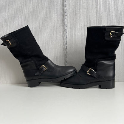 Tod's Black Leather and Suede Fibbie Mid Calf Biker Boots