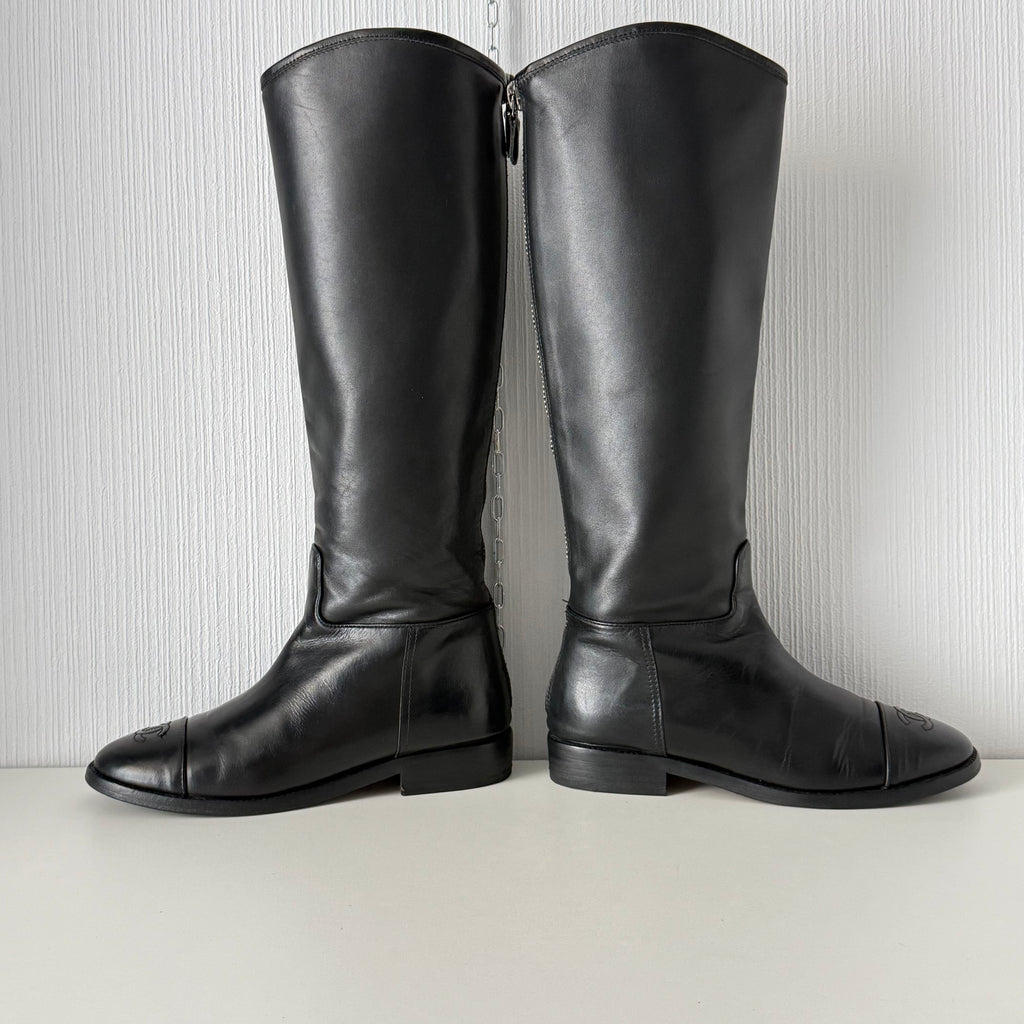 Chanel Black Calfskin Leather Knee-High Riding Boots