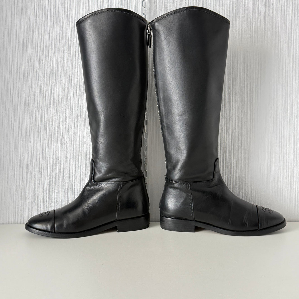 Chanel Black Calfskin Leather Knee-High Riding Boots