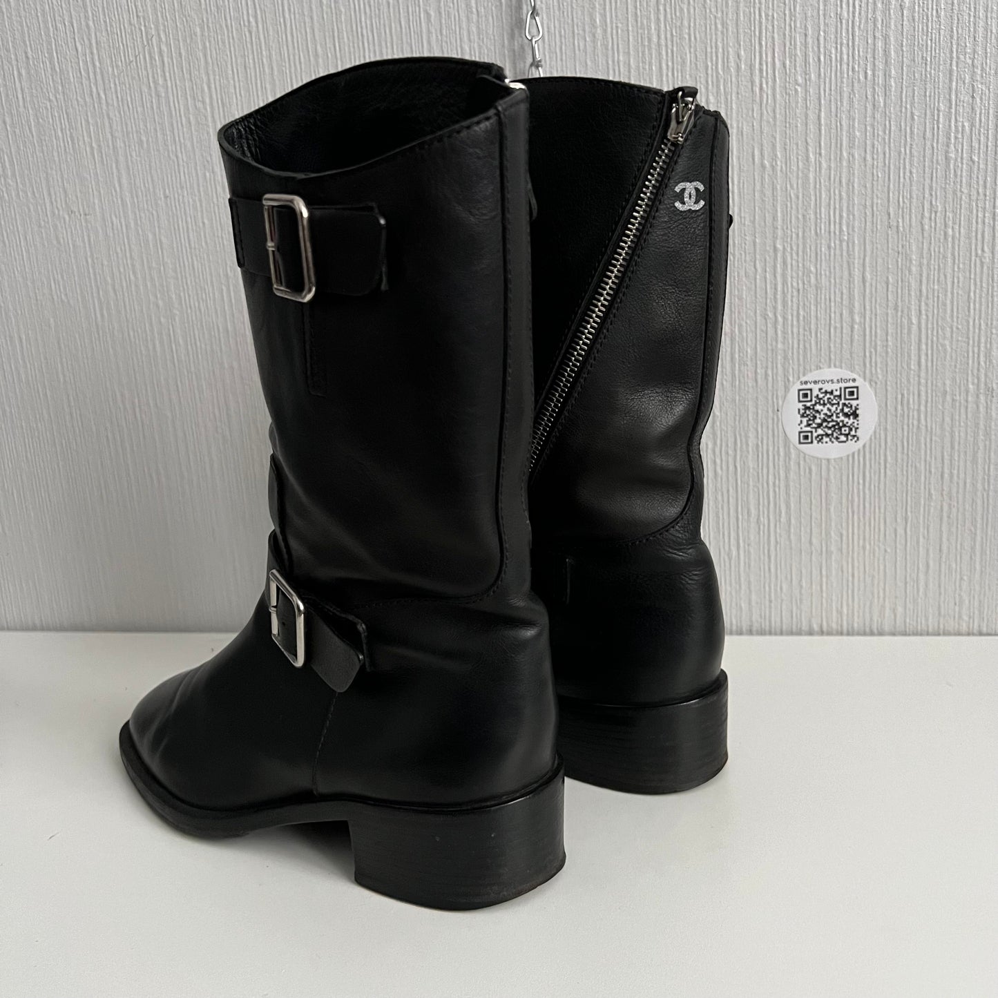 Chanel Biker Black Leather Boots with Silver Buckles