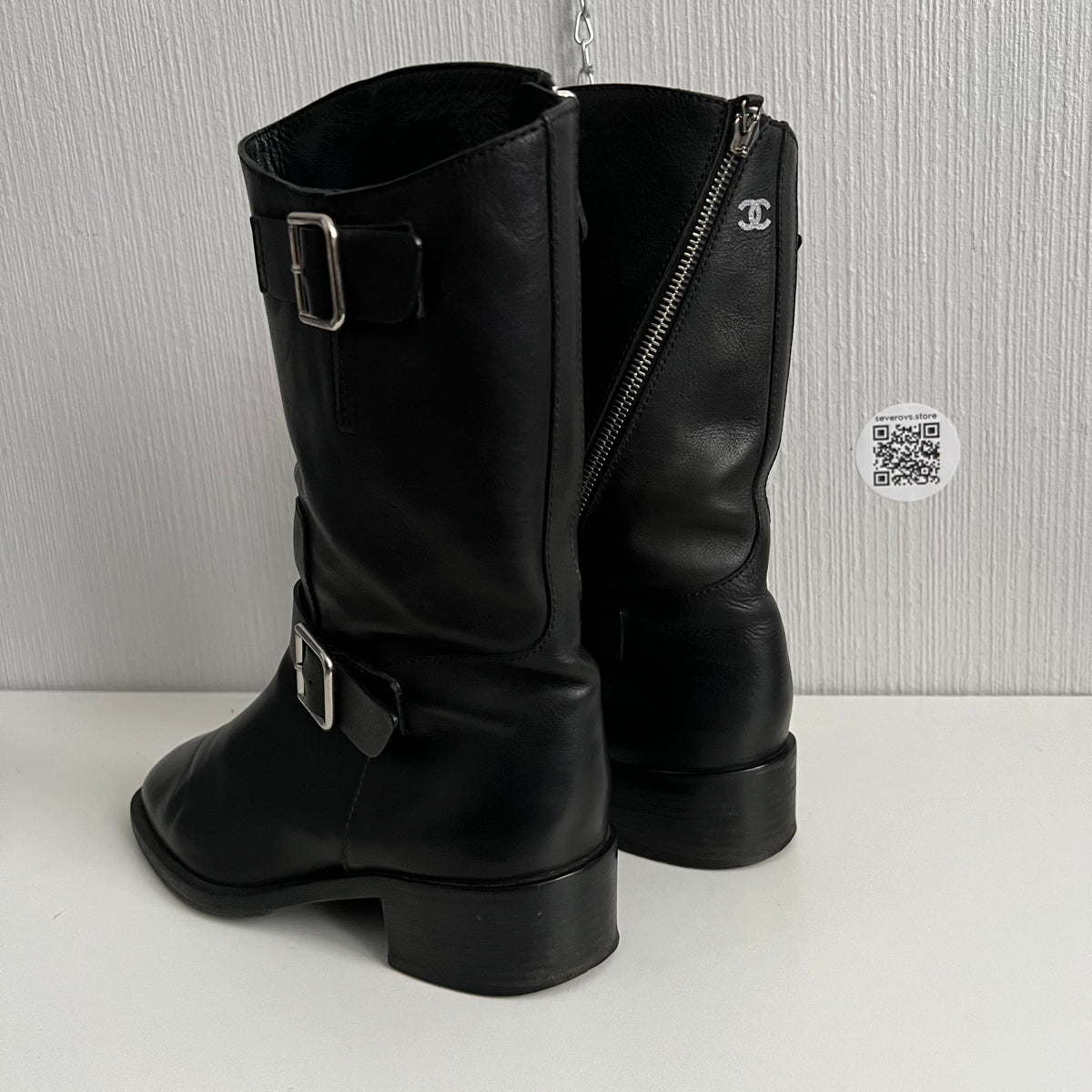 Chanel Biker Black Leather Boots with Silver Buckles