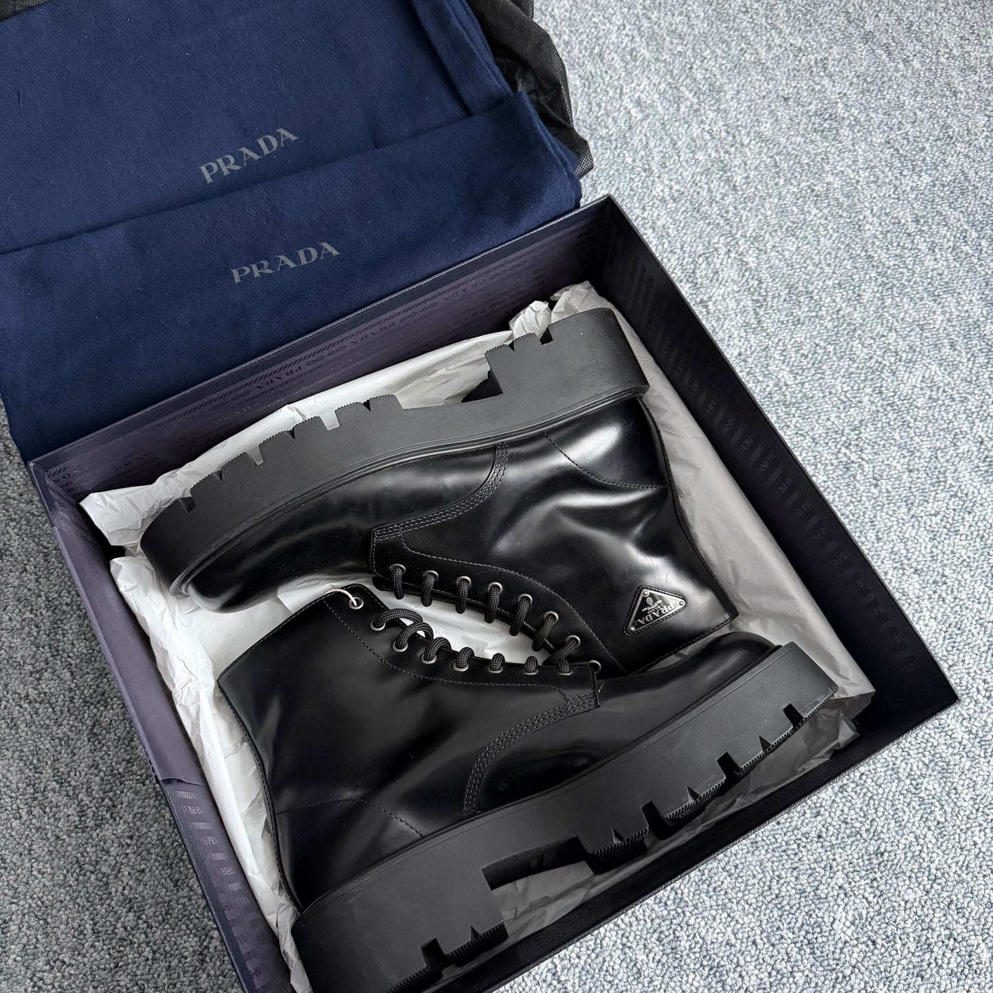 Prada Triangle Logo Brushed Leather Ankle Boots