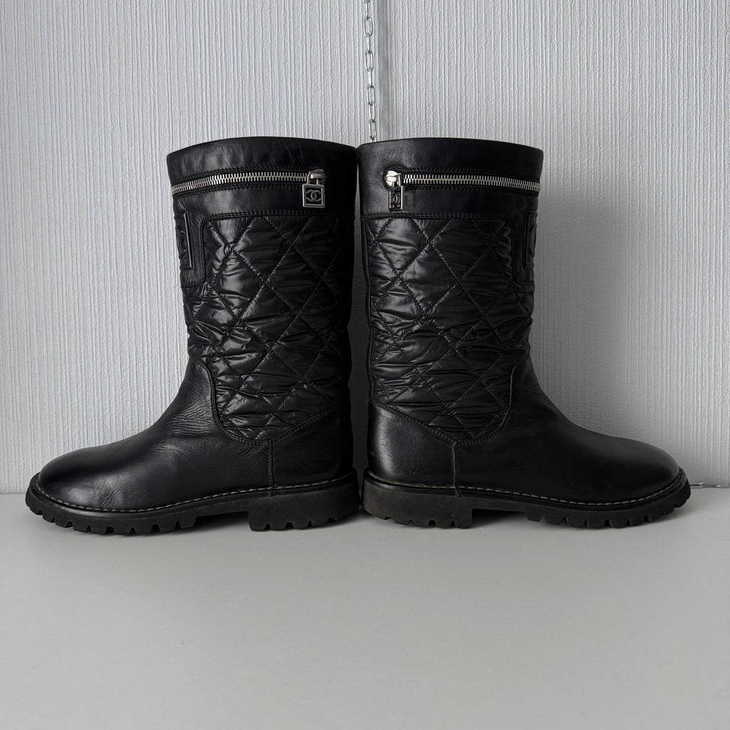 Chanel Black Nylon/Leather Coco Cocoon Boots by Karl Lagerfeld