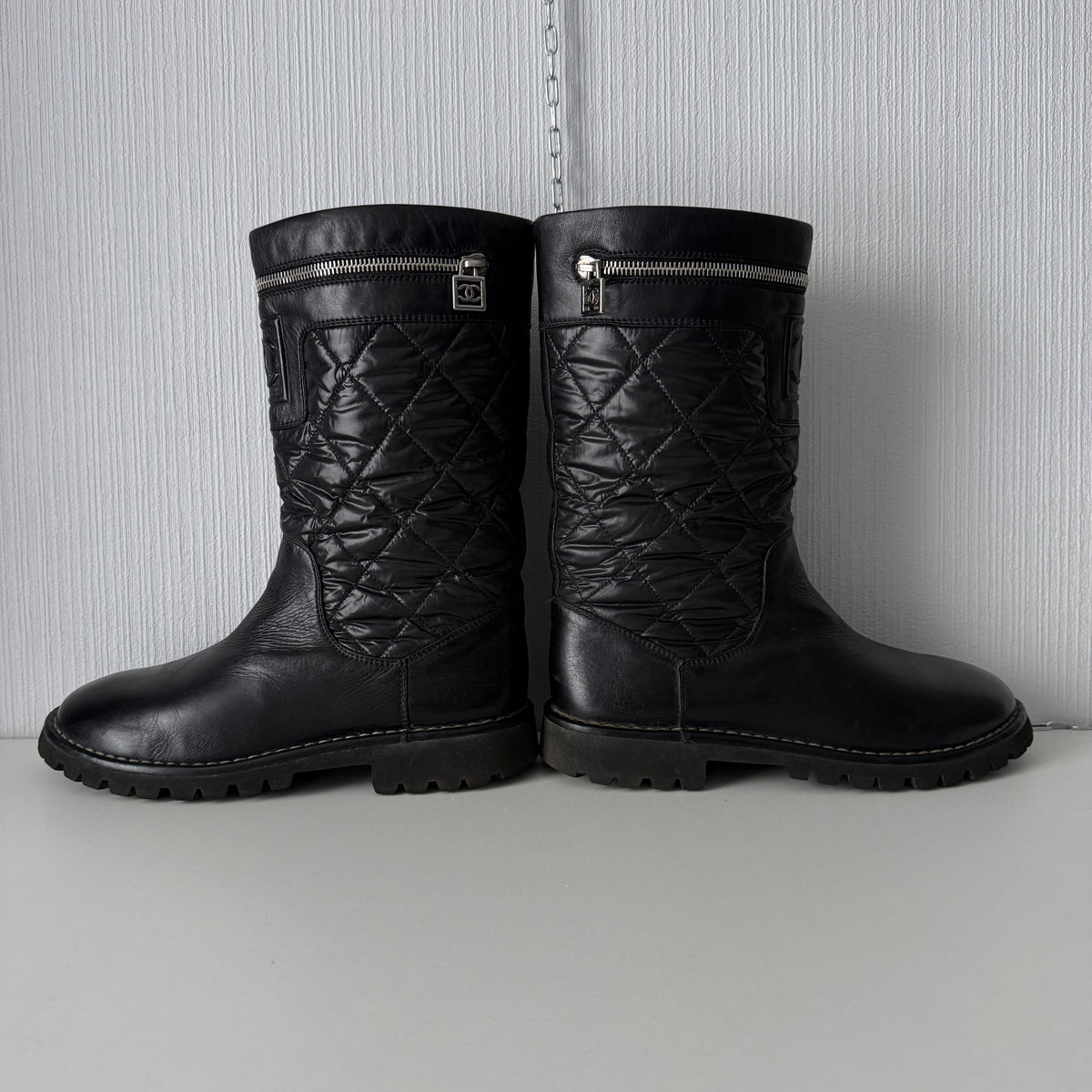 Chanel Black Nylon/Leather Coco Cocoon Boots by Karl Lagerfeld